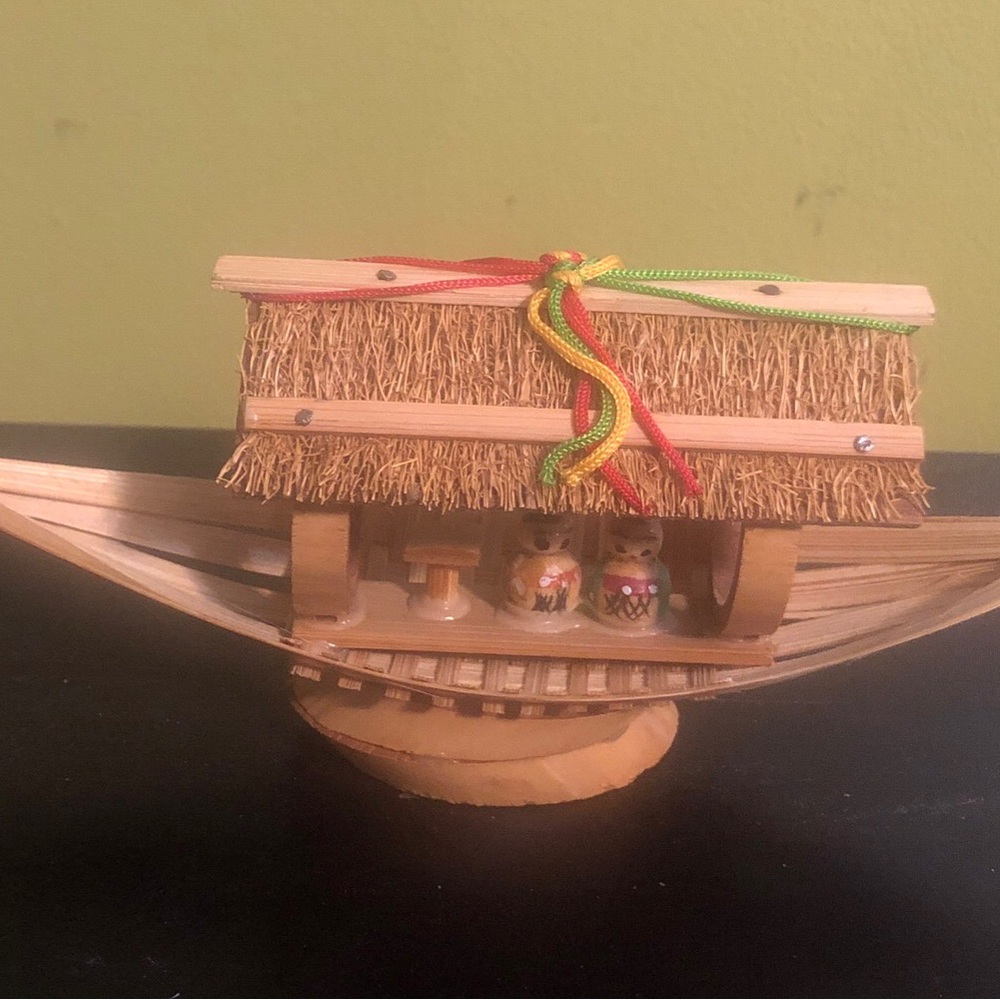 Handcrafted Bamboo boat with Kokeshi dolls  Japanese